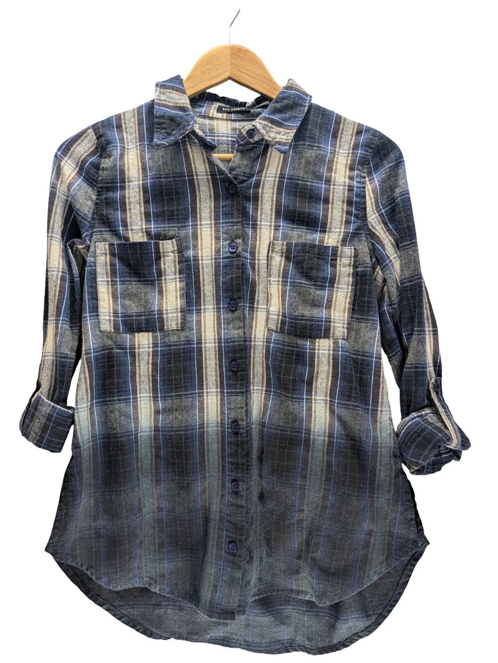 Blu Pepper Flannel Shirt Button Front Plaid Blue Gray